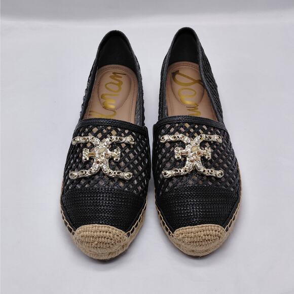 Sam Edelman Womens Espadrille Flats Size 9 Black Raffia Mesh Logo Slip On Shoes - Picture 1 of 15